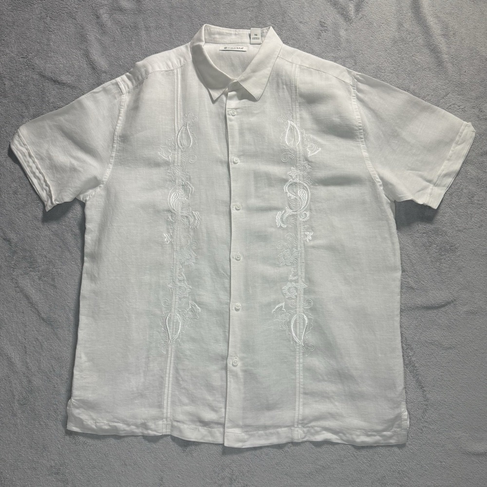 Cubavera Men's XL White Linen Embroidered Guayabera Shirt Short Sleeve